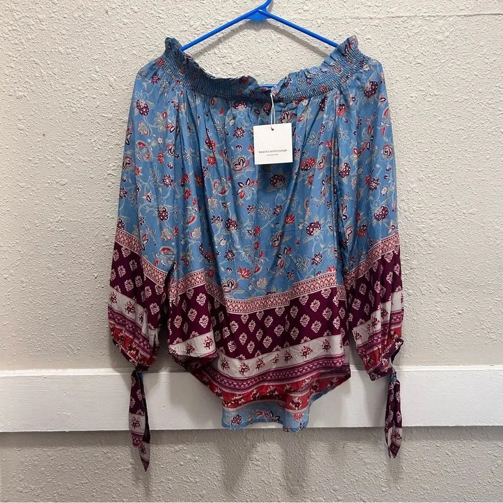 Beach Lunch Lounge Top Floral Boho 3/4 Tie Sleeve NWT Small